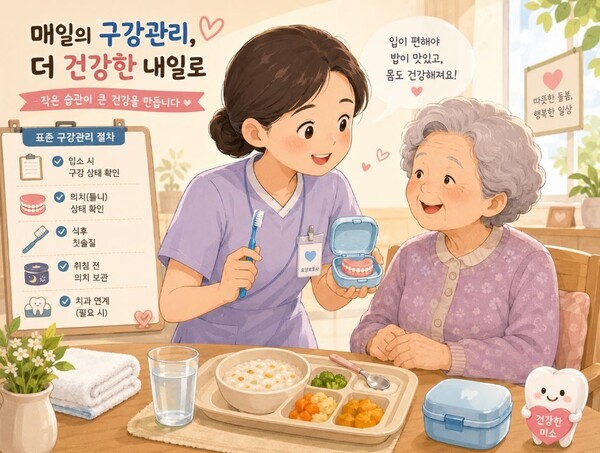 어르신들의 구강관리는 일반인들과 달리 치과 외에도 요양보호사들의 적극적인 지원이 필요하다. (그림 = AI 기반 요양뉴스 재구성)
