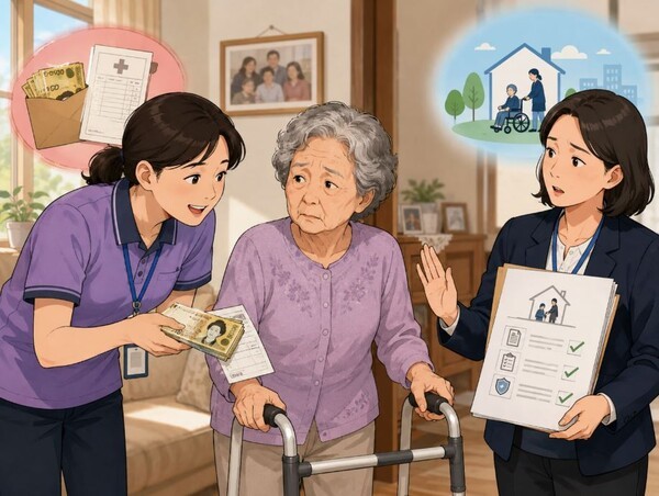 자부담 비용을 내주겠다는 제안은 불법의 소지가 매우 크다 (그림 = AI 기반 요양뉴스 재구성)