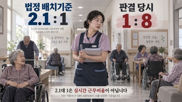 법정 입소자 대 보호사 기준 2.1명은 실시간 인력 배치 기준이 아니다. (사진=AI기반 요양뉴스 재구성)