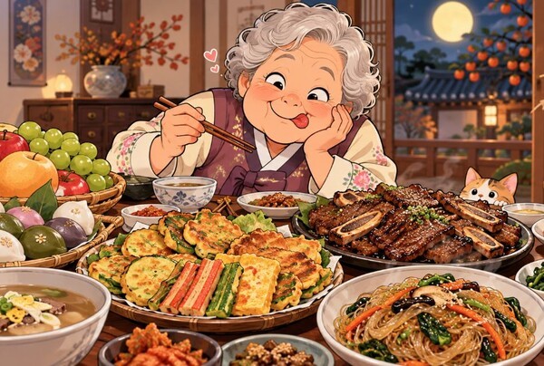 추석에는 평소보다 많은 음식을 한자리에서 먹기 쉽다. (그림=AI기반 요양뉴스 재구성)